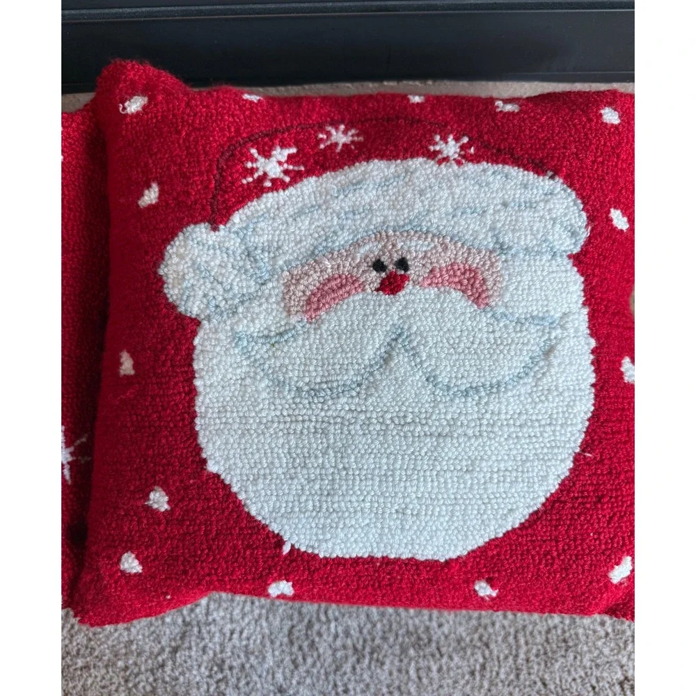 Christmas Decor Santa and Snowman Hand Hooked Throw Pillow Set Red Holiday 15X14